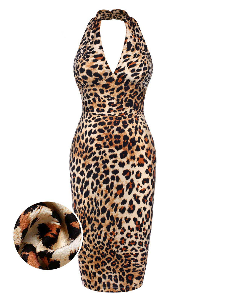 Brown 1960s Halter V-Neck Leopard Dress