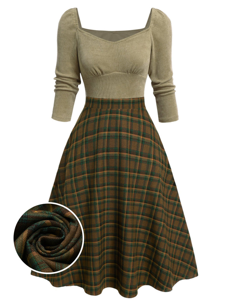 [Pre-Sale] Beige 1950s Brown Plaid Square Neck Dress