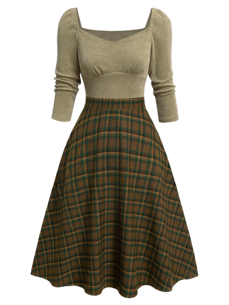 [Pre-Sale] Beige 1950s Brown Plaid Square Neck Dress