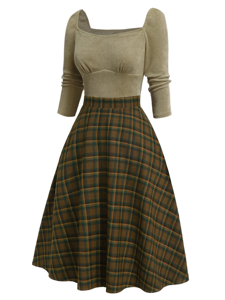 [Pre-Sale] Beige 1950s Brown Plaid Square Neck Dress