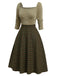 Beige 1950s Brown Plaid Square Neck Dress