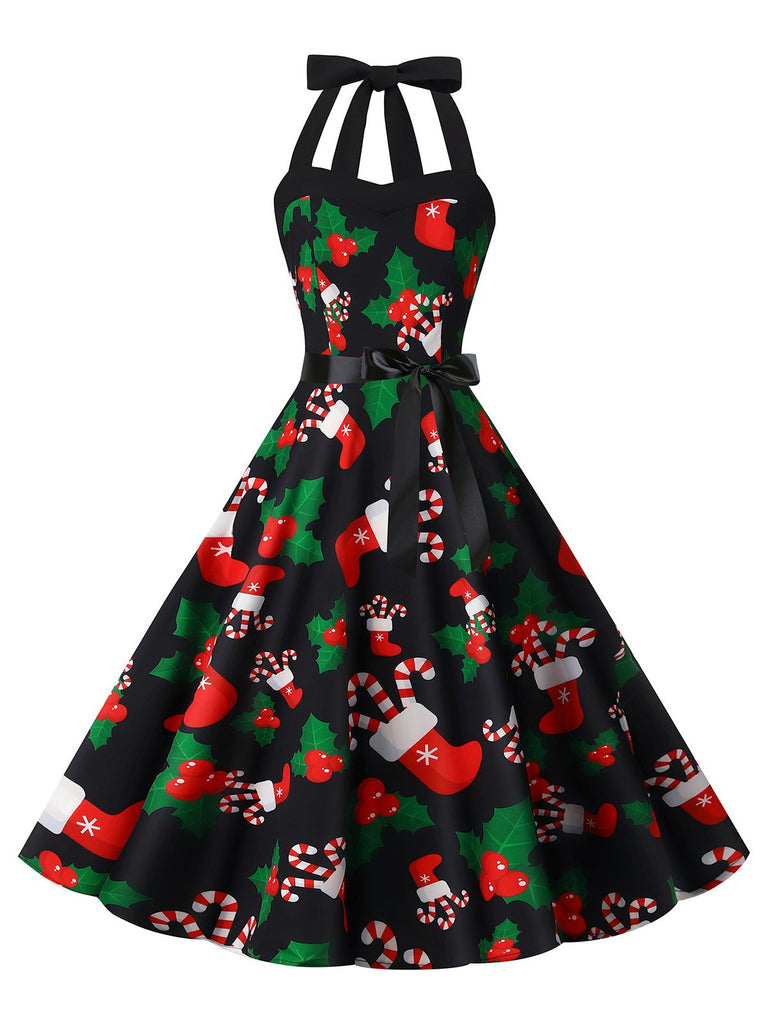 1950s Christmas Halter Belted Swing Dress