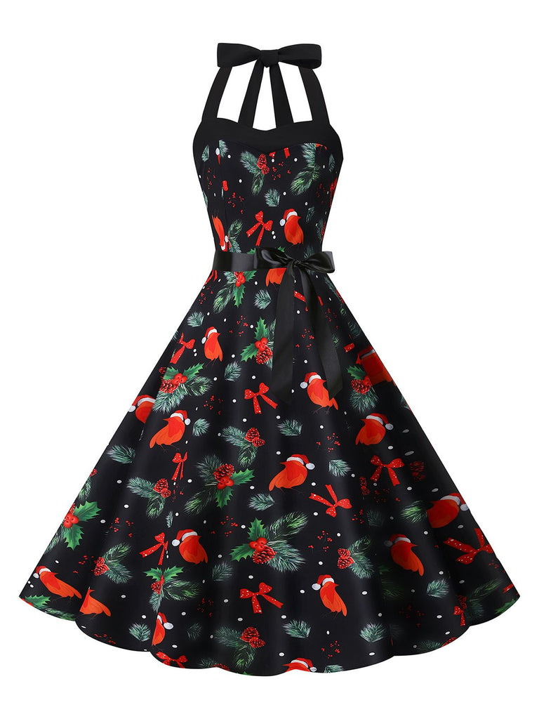 1950s Christmas Halter Belted Swing Dress