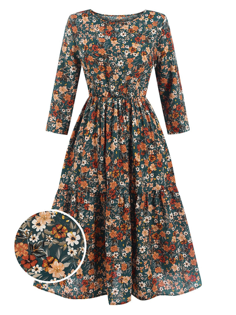 1940s Ditsy Floral Round Neck Tiered Dress