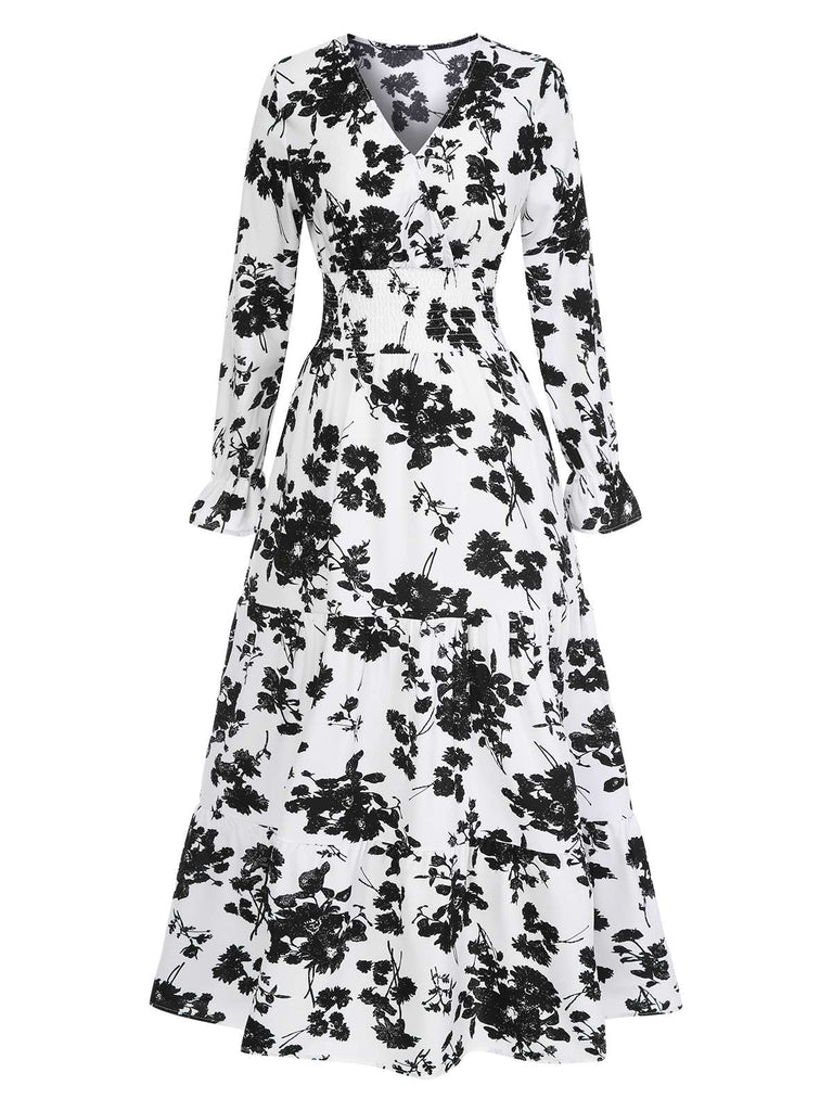 1930s Flower Silhouette V-Neck Maxi Dress