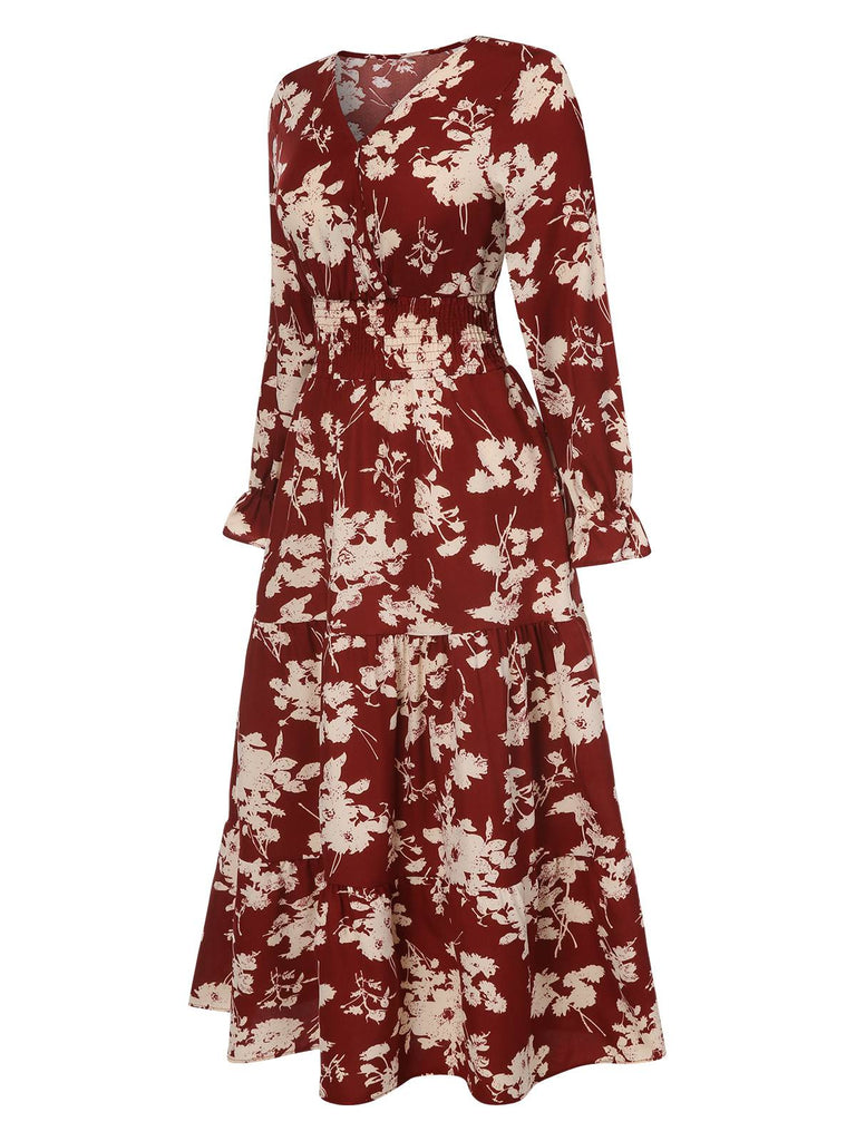 1930s Flower Silhouette V-Neck Maxi Dress