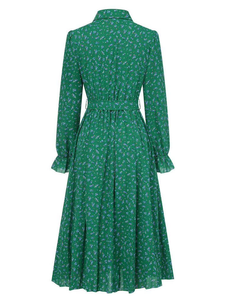 1940s Ditsy Floral Pleated Shirt Belted Dress