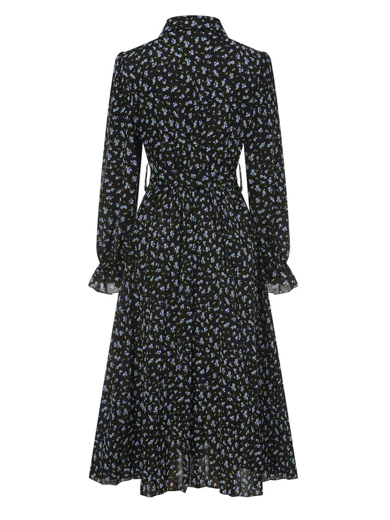 1940s Ditsy Floral Pleated Shirt Belted Dress