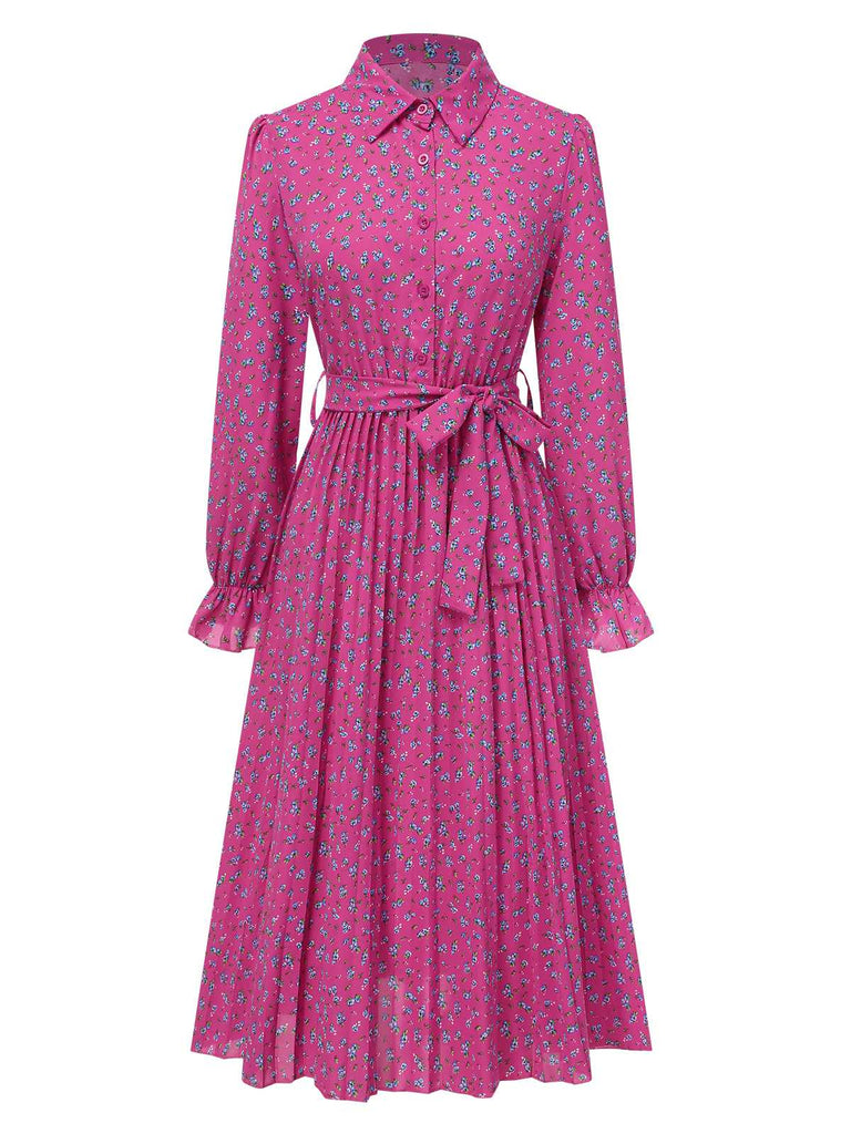 1940s Ditsy Floral Pleated Shirt Belted Dress