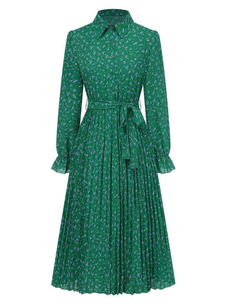 1940s Ditsy Floral Pleated Shirt Belted Dress