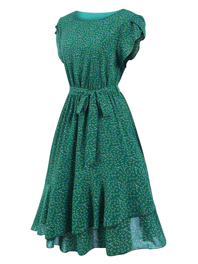 1940s Ditsy Floral Ruffles Hem Belted Dress