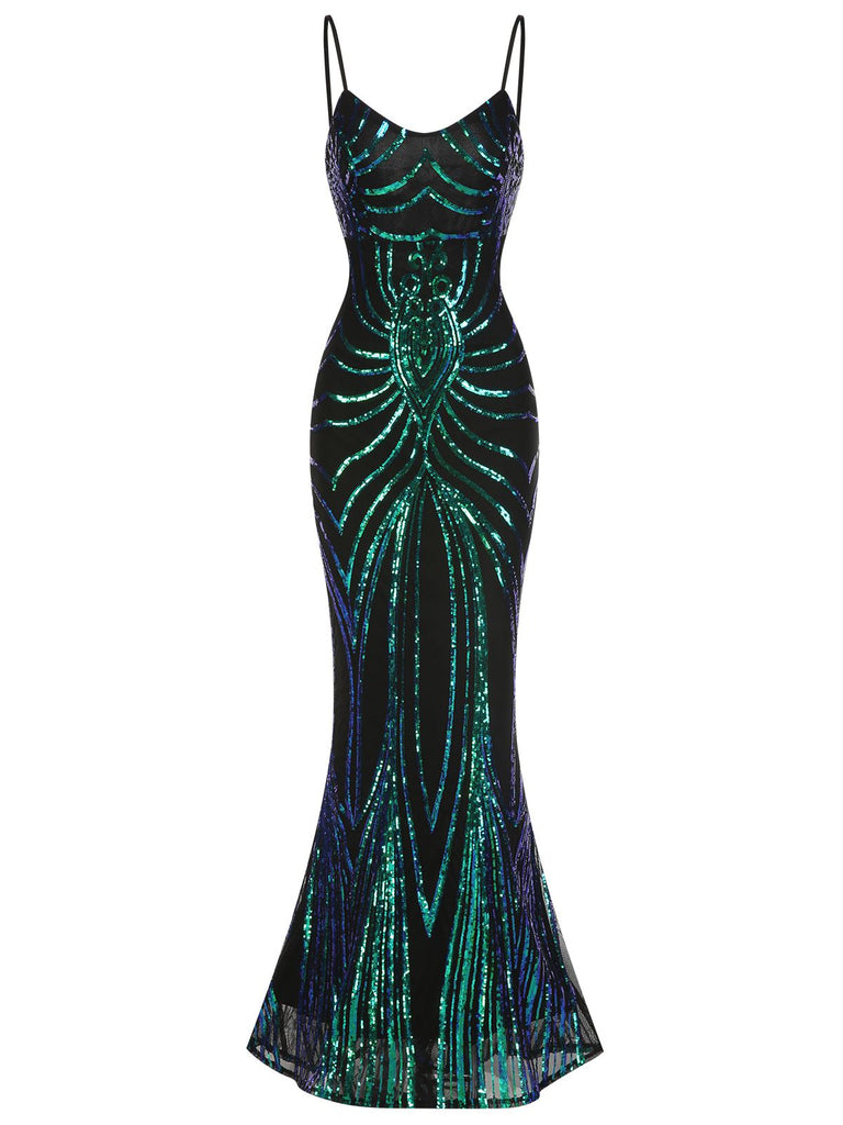 1930s Lace-Up Backless Sequined Maxi Dress