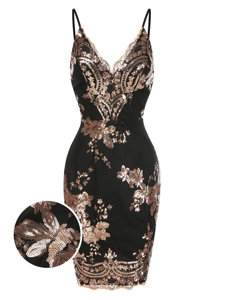 1970s V-Neck Floral Sequined Straps Dress