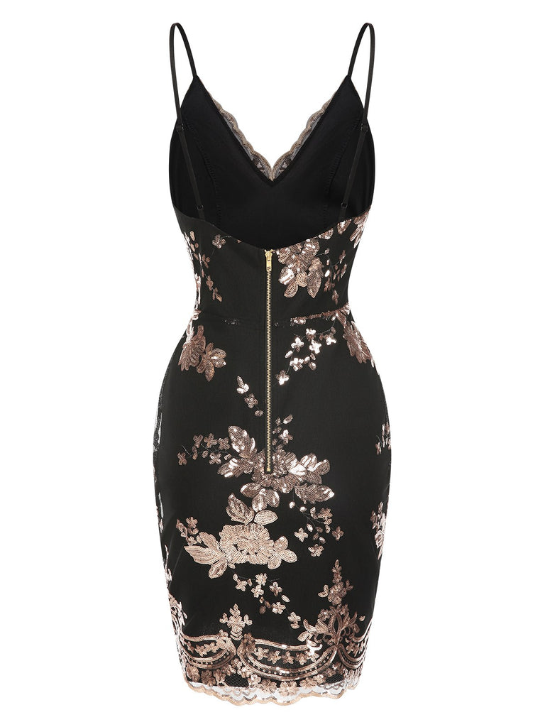 1970s V-Neck Floral Sequined Straps Dress