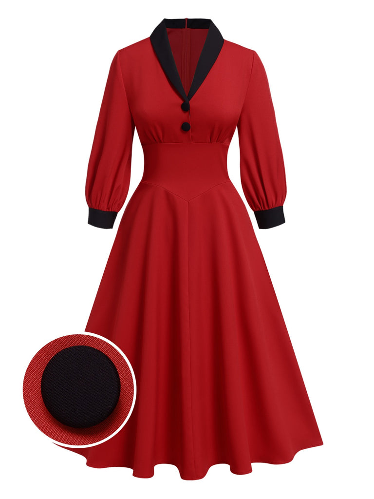 [Pre-Sale] Red 1940s Contrast Lantern Sleeves Lapel Dress