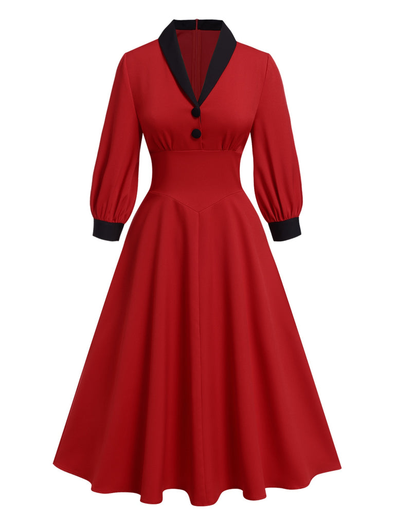 [Pre-Sale] Red 1940s Contrast Lantern Sleeves Lapel Dress