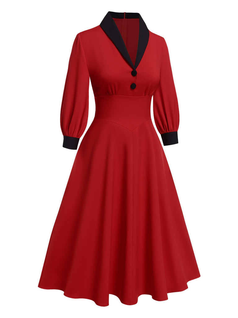 [Pre-Sale] Red 1940s Contrast Lantern Sleeves Lapel Dress