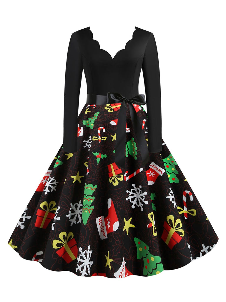 Black 1950s Christmas Gift Tree Belted Dress