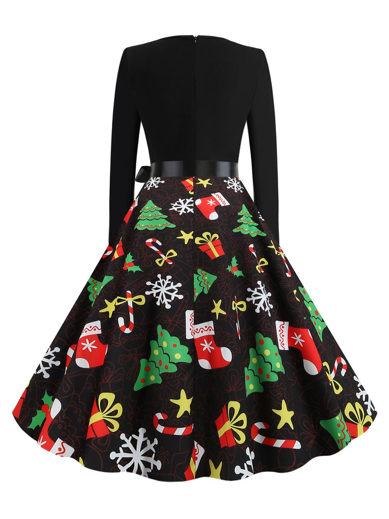 Black 1950s Christmas Gift Tree Belted Dress