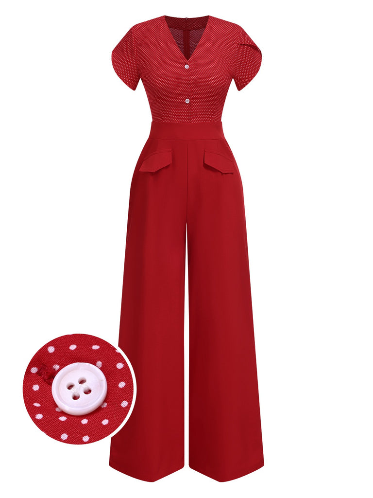 [Pre-Sale] Red 1960s V-Neck Petal Sleeves Dots Jumpsuit