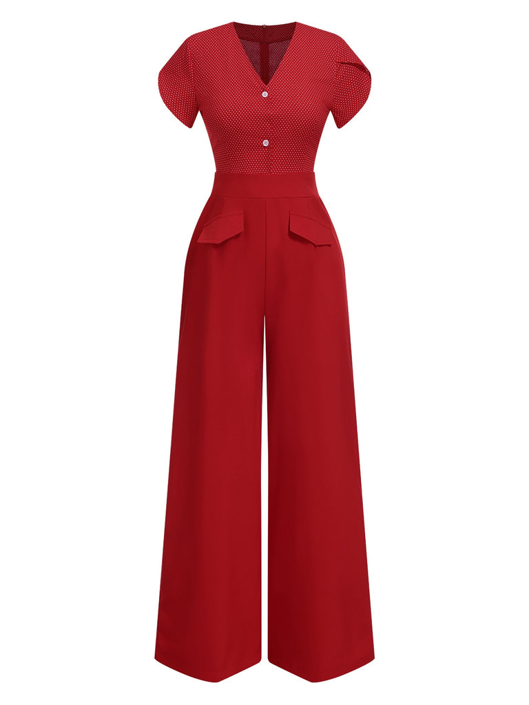 [Pre-Sale] Red 1960s V-Neck Petal Sleeves Dots Jumpsuit