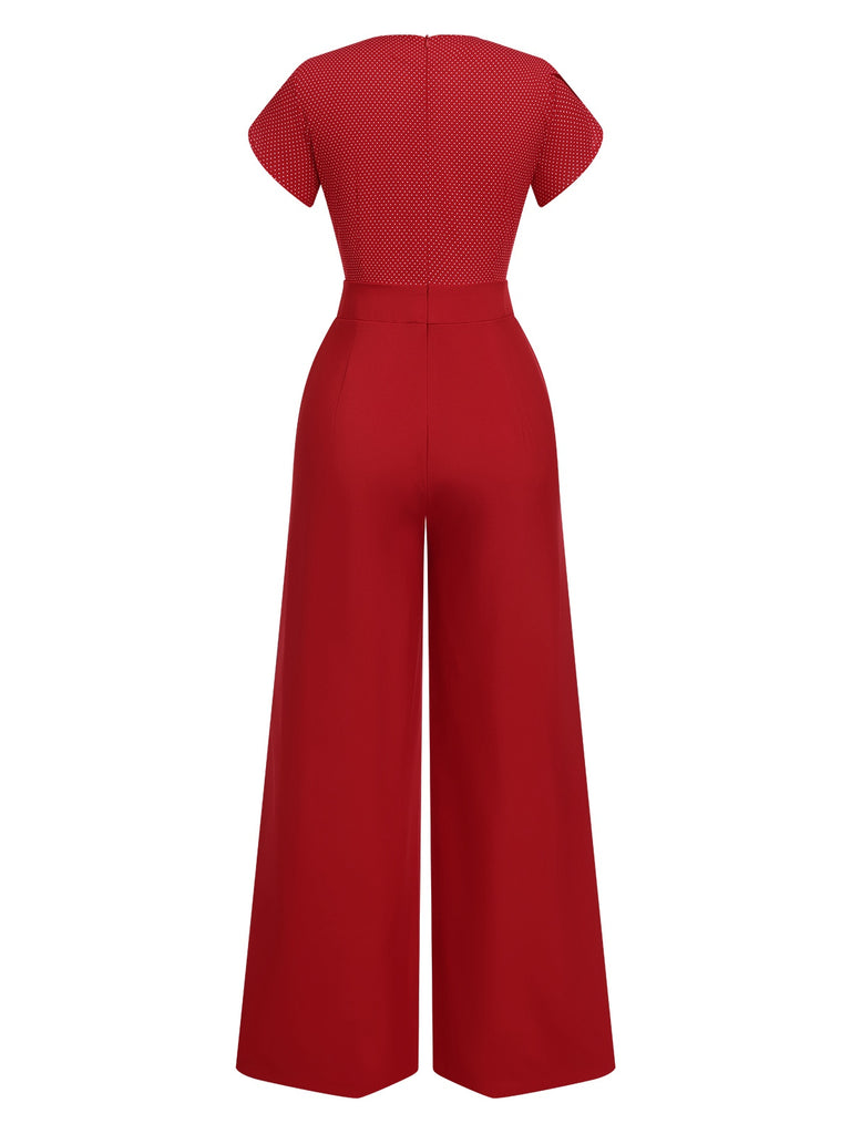 [Pre-Sale] Red 1960s V-Neck Petal Sleeves Dots Jumpsuit