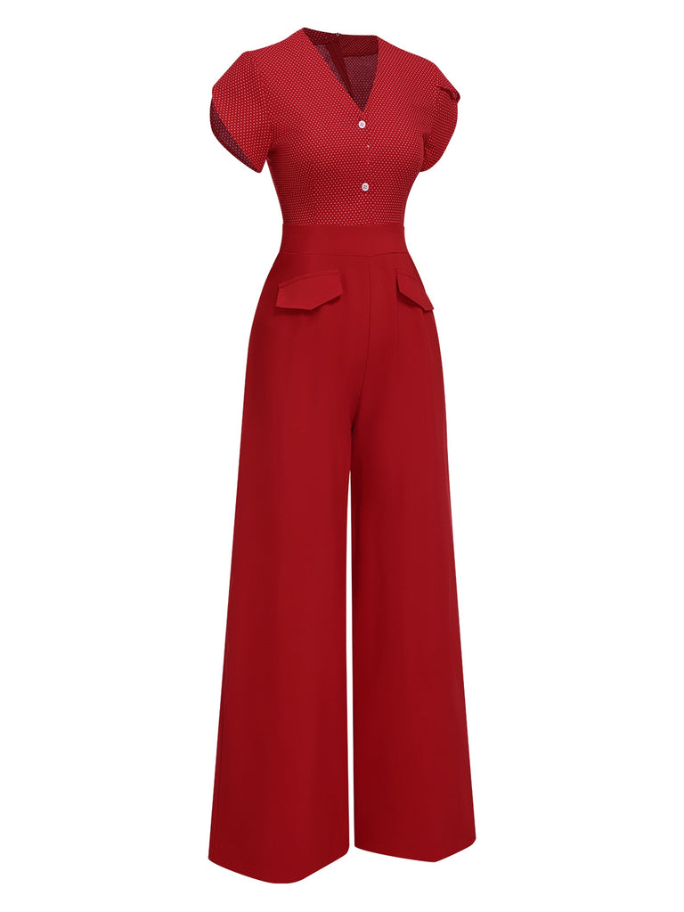 [Pre-Sale] Red 1960s V-Neck Petal Sleeves Dots Jumpsuit