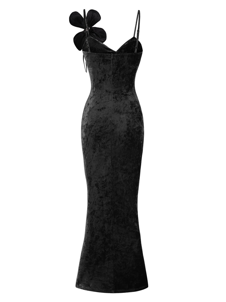 1930s Slit Spaghetti Straps Velvet Dress