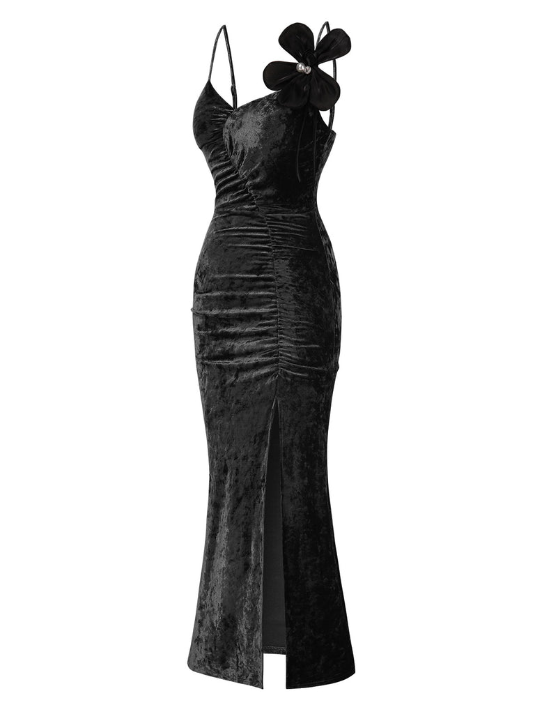 1930s Slit Spaghetti Straps Velvet Dress