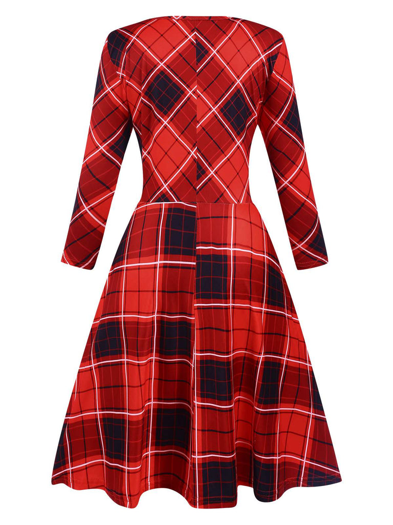 Red 1950s Crew Neck Plaid Half Sleeve Dress