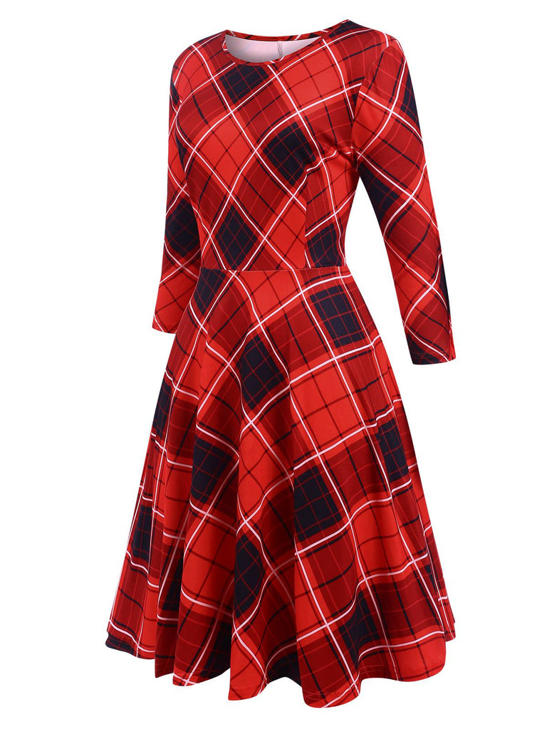 Red 1950s Crew Neck Plaid Half Sleeve Dress