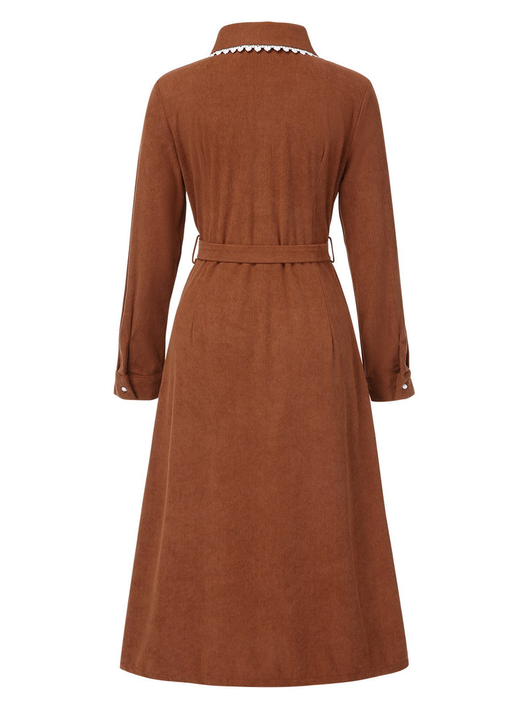 Brown 1940s Solid Lapel Belted Corduroy Dress