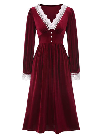 Wine Red 1940s V-Neck Velvet Lace Dress