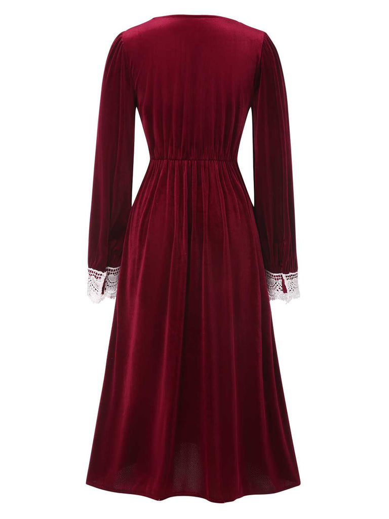 Wine Red 1940s V-Neck Velvet Lace Dress