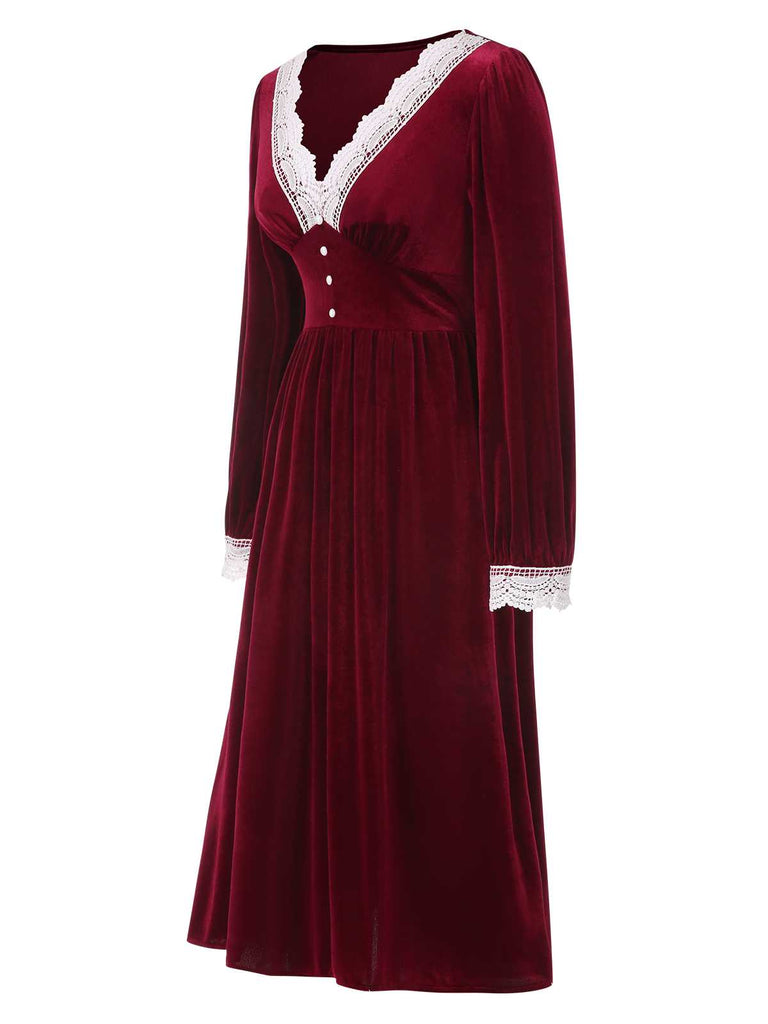 Wine Red 1940s V-Neck Velvet Lace Dress