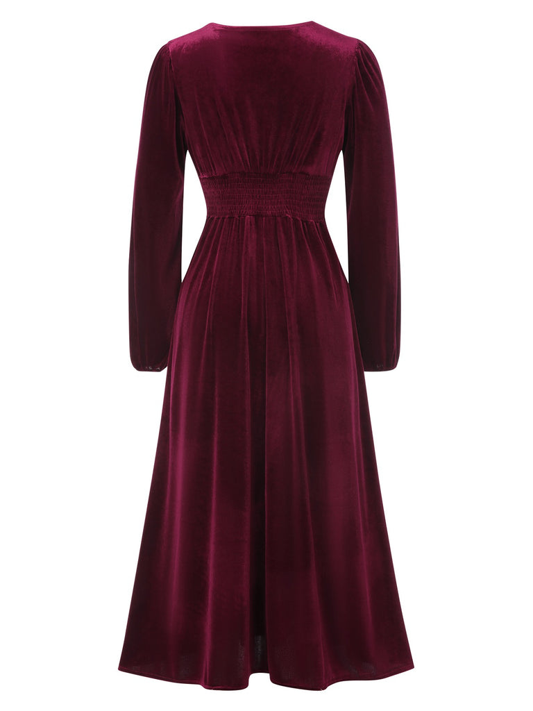 Wine Red 1940s Lace Trim Velvet Dress