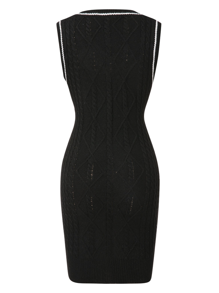 Black 1960s V-Neck Knitted Sleeveless Dress