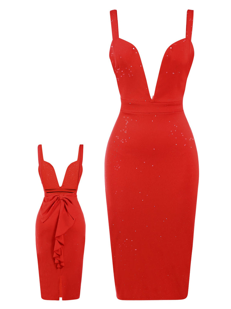 Red 1960s Ruffled Open Back Suspender Dress