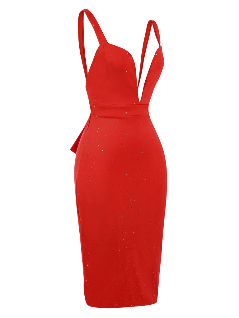 Red 1960s Ruffled Open Back Suspender Dress