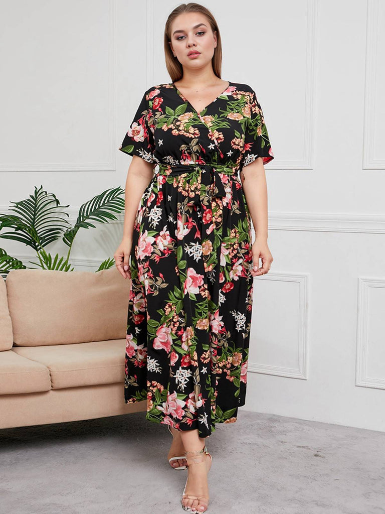 [Plus Size] 1940s Surplice V-Neck Belted Floral Dress