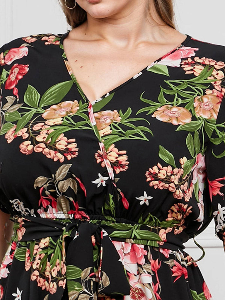 [Plus Size] 1940s Surplice V-Neck Belted Floral Dress