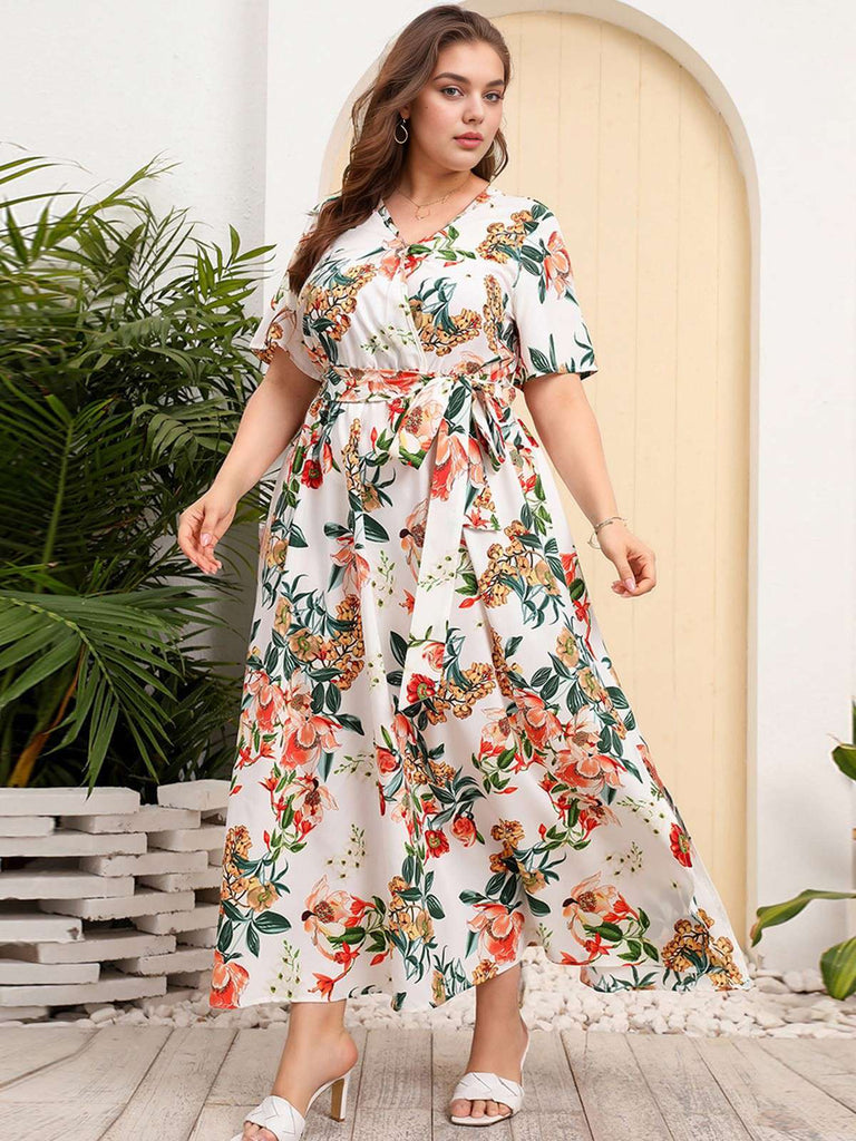 [Plus Size] 1940s Surplice V-Neck Belted Floral Dress