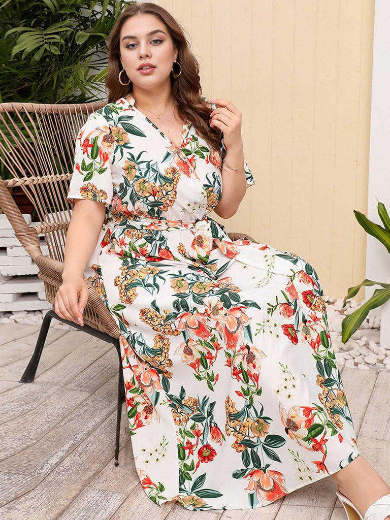 [Plus Size] 1940s Surplice V-Neck Belted Floral Dress