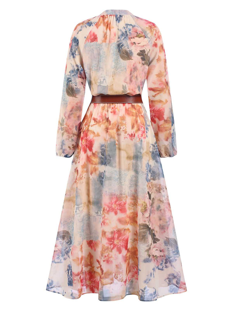 1940s Watercolor Floral Belted Maxi Dress