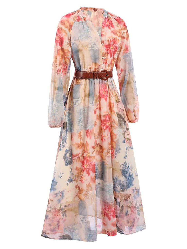 1940s Watercolor Floral Belted Maxi Dress