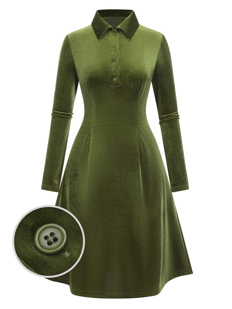 [Pre-Sale] Green 1940s Solid Velvet Shirt Collar Dress