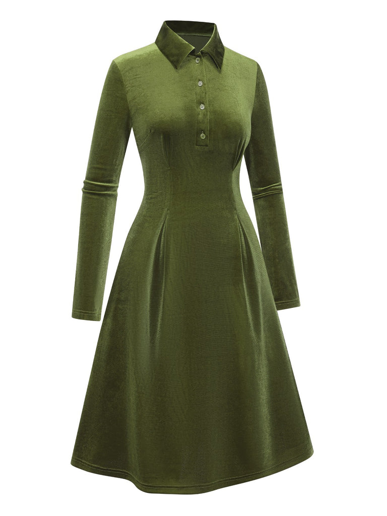 [Pre-Sale] Green 1940s Solid Velvet Shirt Collar Dress