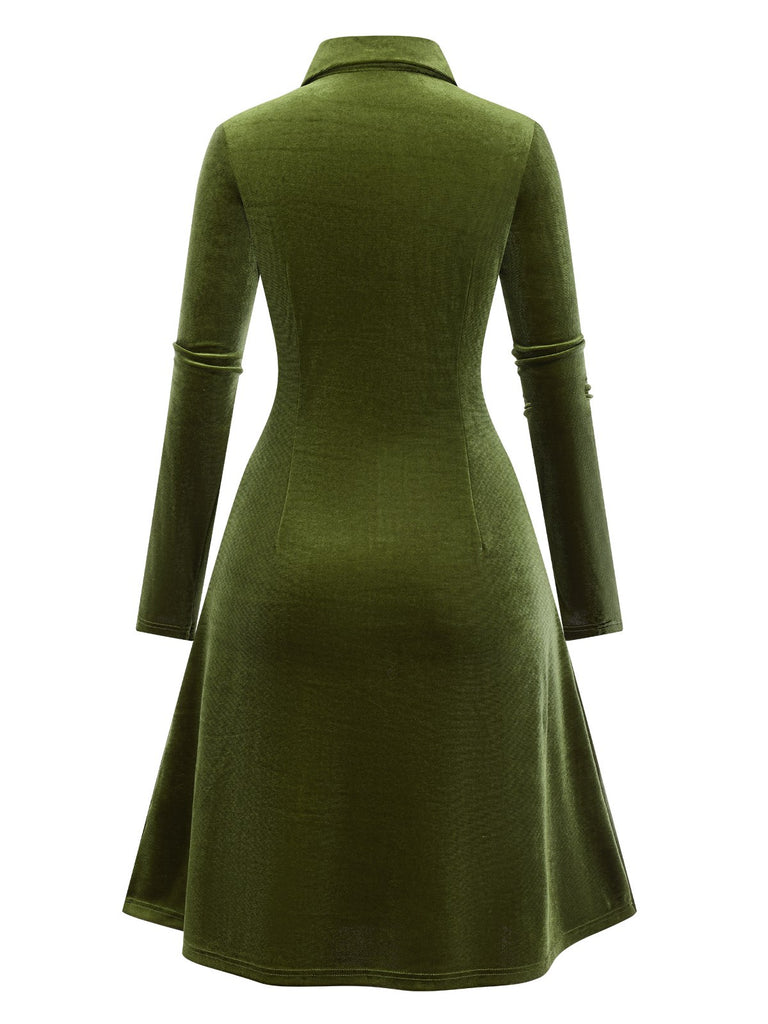 [Pre-Sale] Green 1940s Solid Velvet Shirt Collar Dress