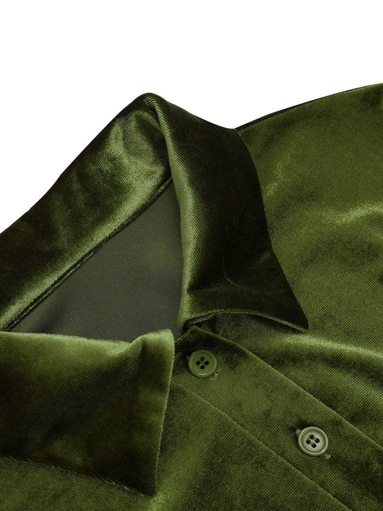 [Pre-Sale] Green 1940s Solid Velvet Shirt Collar Dress