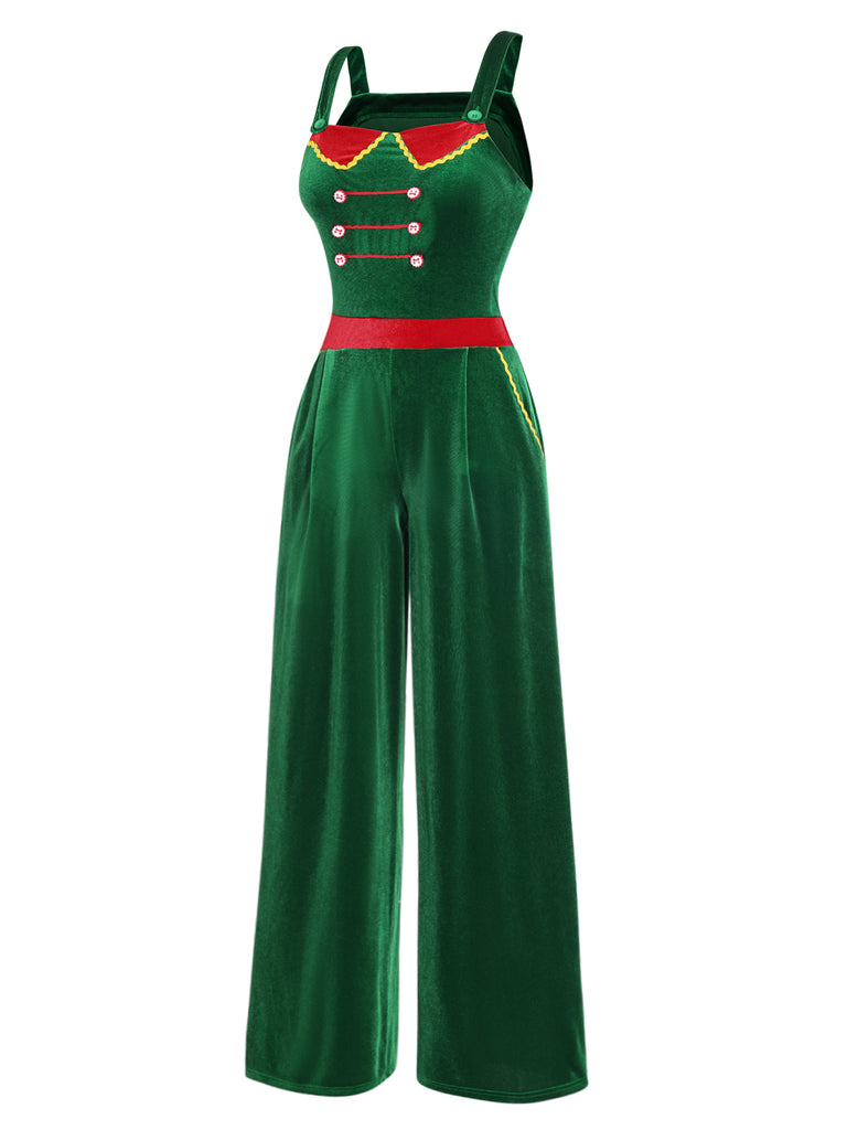 Green 1940s Velvet Button-Embellished Jumpsuit